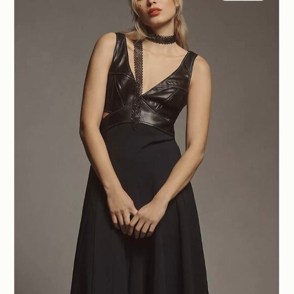 ANTHROPOLOGIE Faux Leather Cut-Out Sleeveless V-Neck A-LIne Midi Dress, Size 4 - Picture 3 of 16